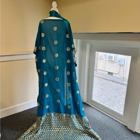 Elegant Teal Embroidered sheer Women's Dress